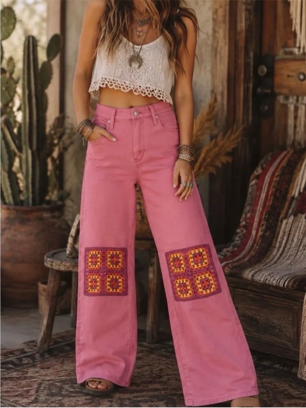 Judy Blue Pink Wide-Leg Jeans with Crocheted Knee Squares